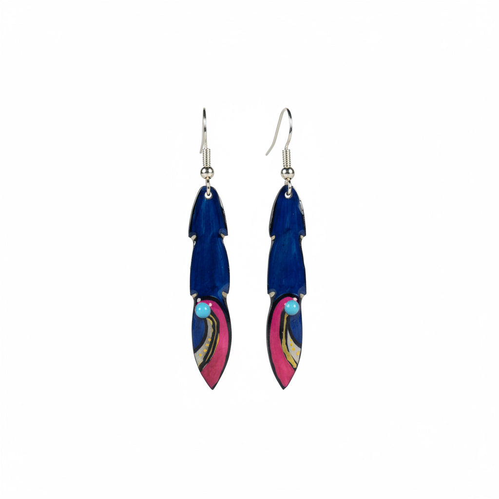 A pair of long drop earrings with silver fishhook wires, featuring stacked blue and pink marquise-shaped enamel pendants with small turquoise and gold details, set against a plain gray background.