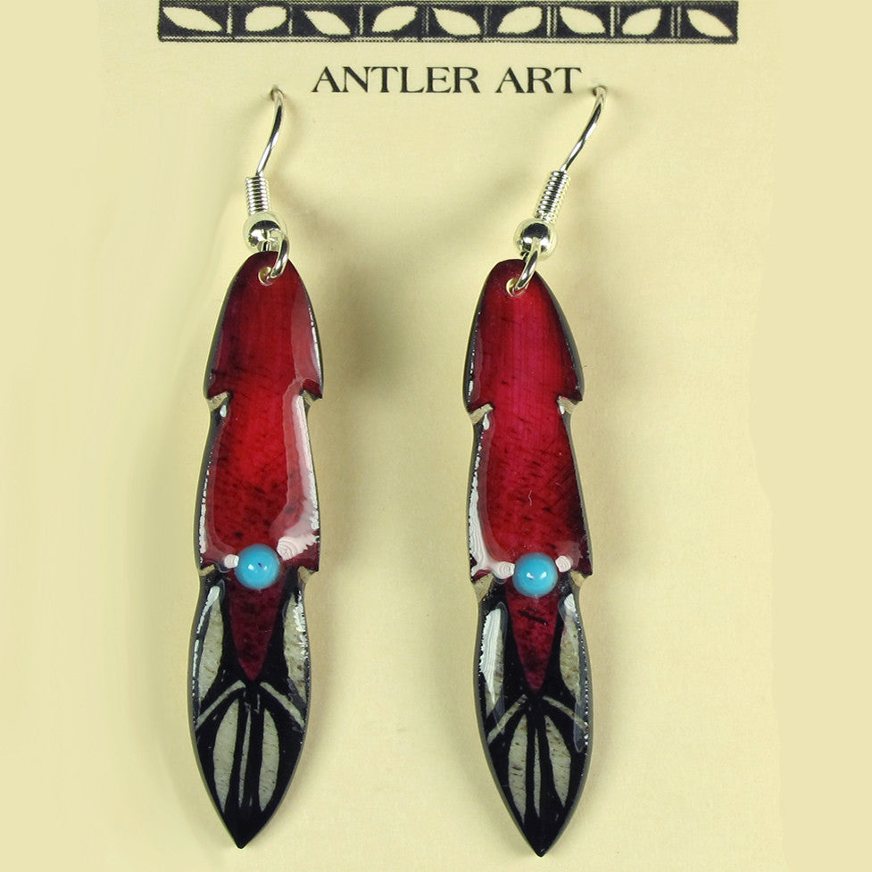 Red Medium Pony Feather Earrings - Handmade Moose Antler Jewelry