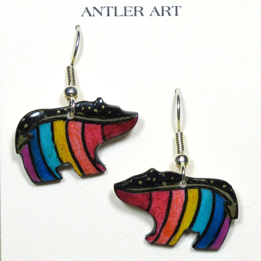 Rainbow Walking Bear Earrings - Handmade Moose Antler Jewelry
